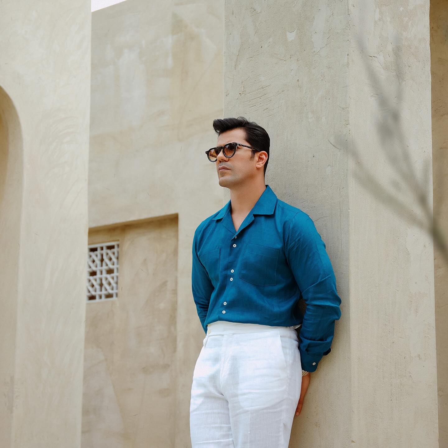 Teal long sleeve Shirt with White Trousers