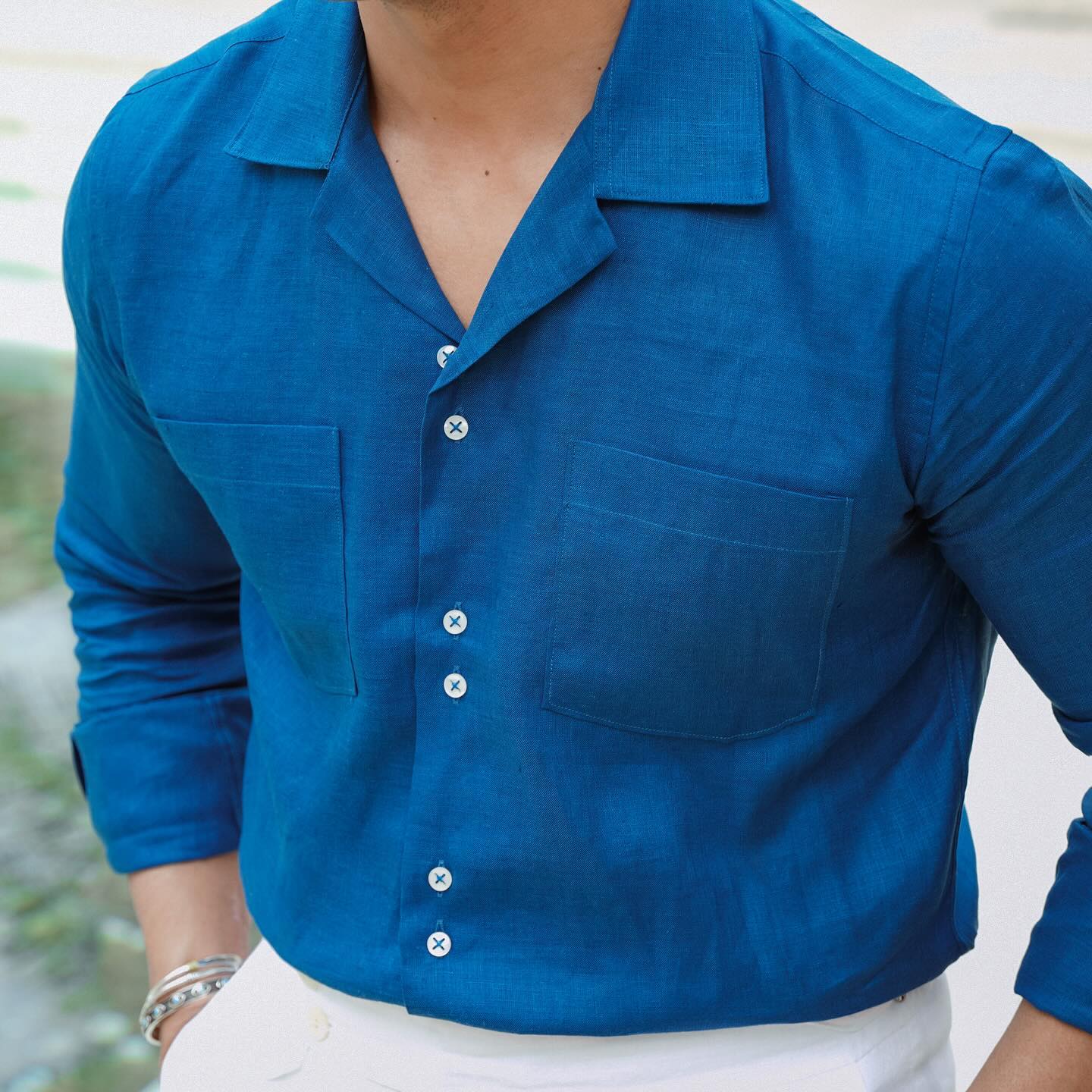 Teal long sleeve Shirt with White Trousers