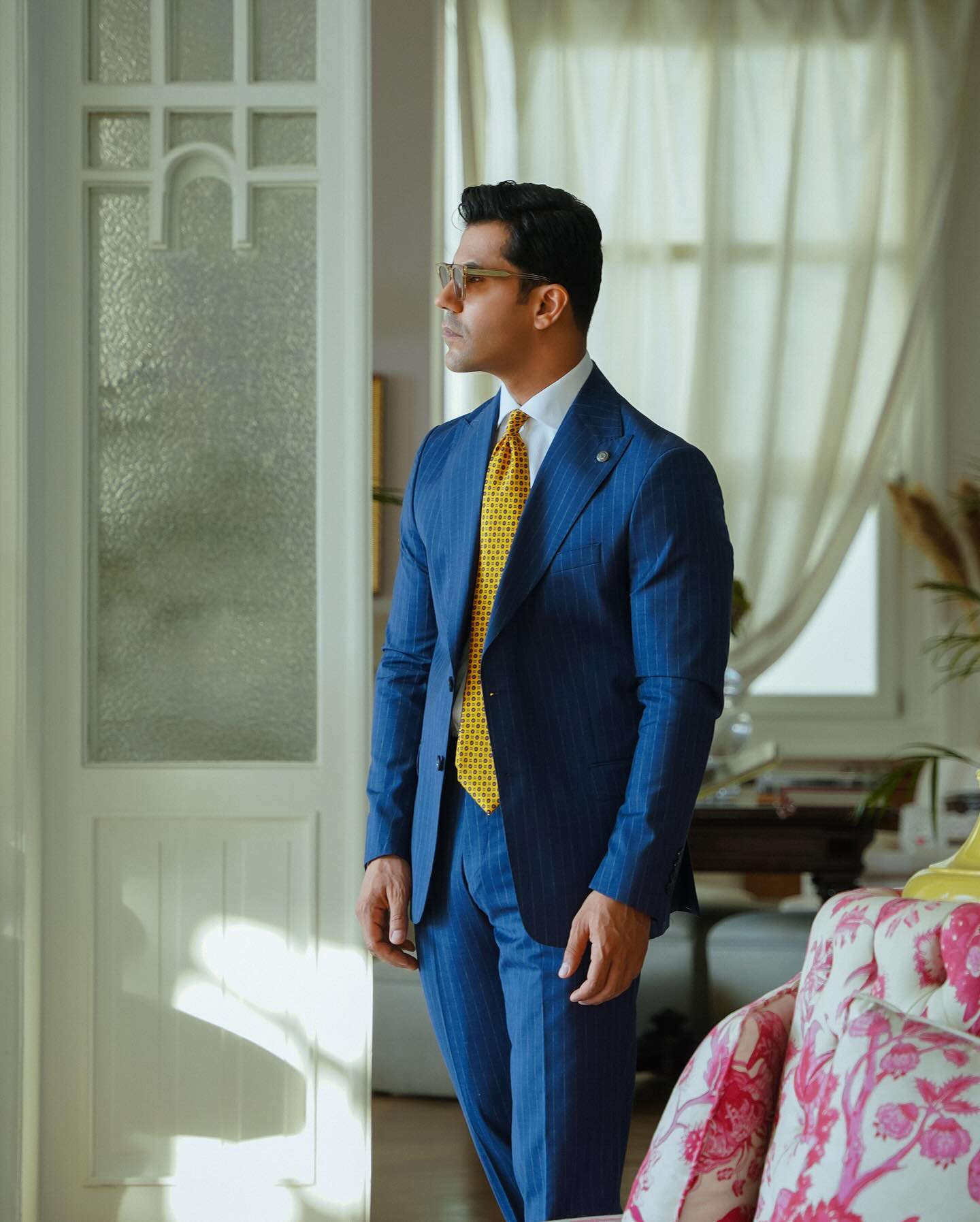 Royal Blue Tuxedo with White shirt and Golden Tie