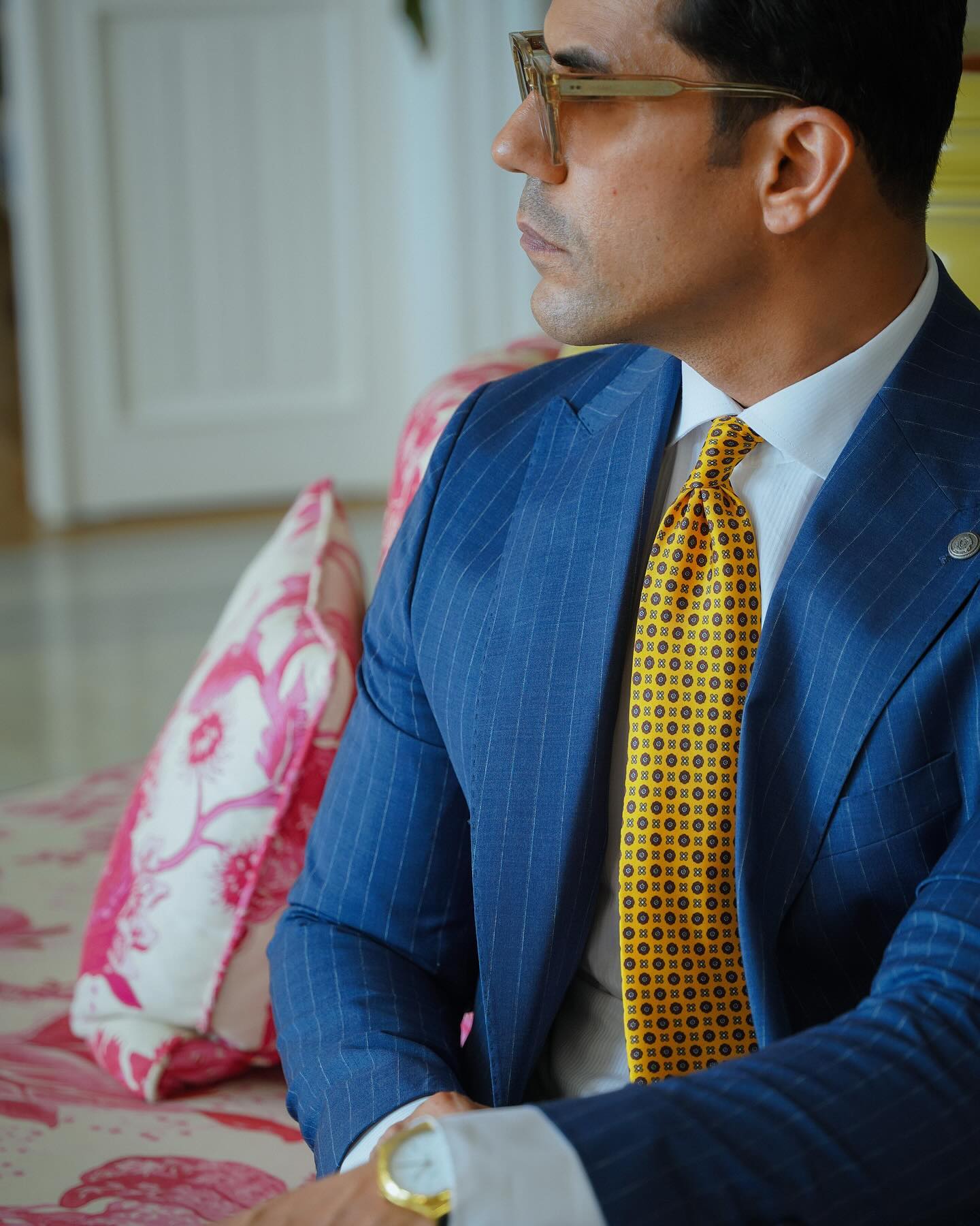 Royal Blue Tuxedo with White shirt and Golden Tie