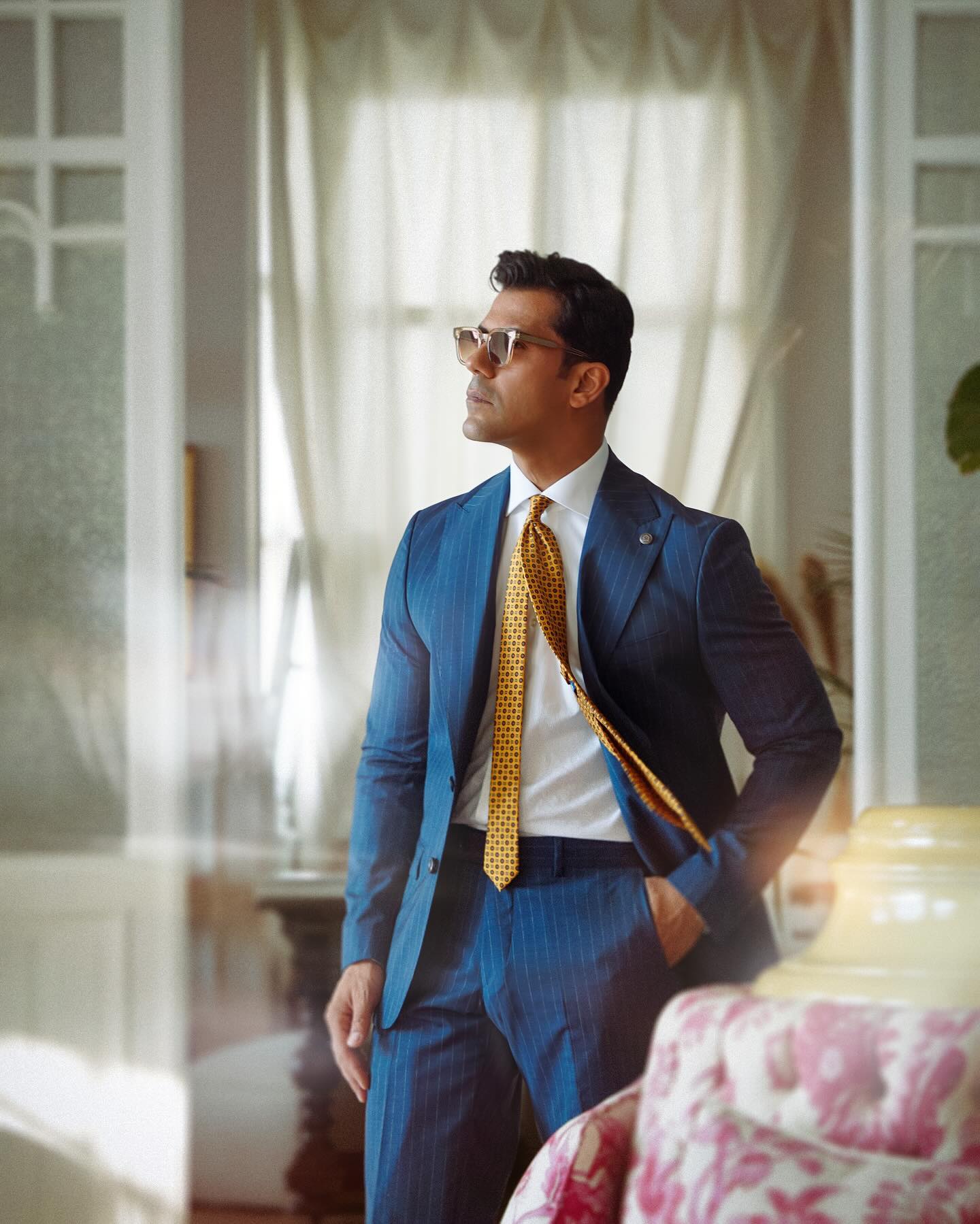 Royal Blue Tuxedo with White shirt and Golden Tie