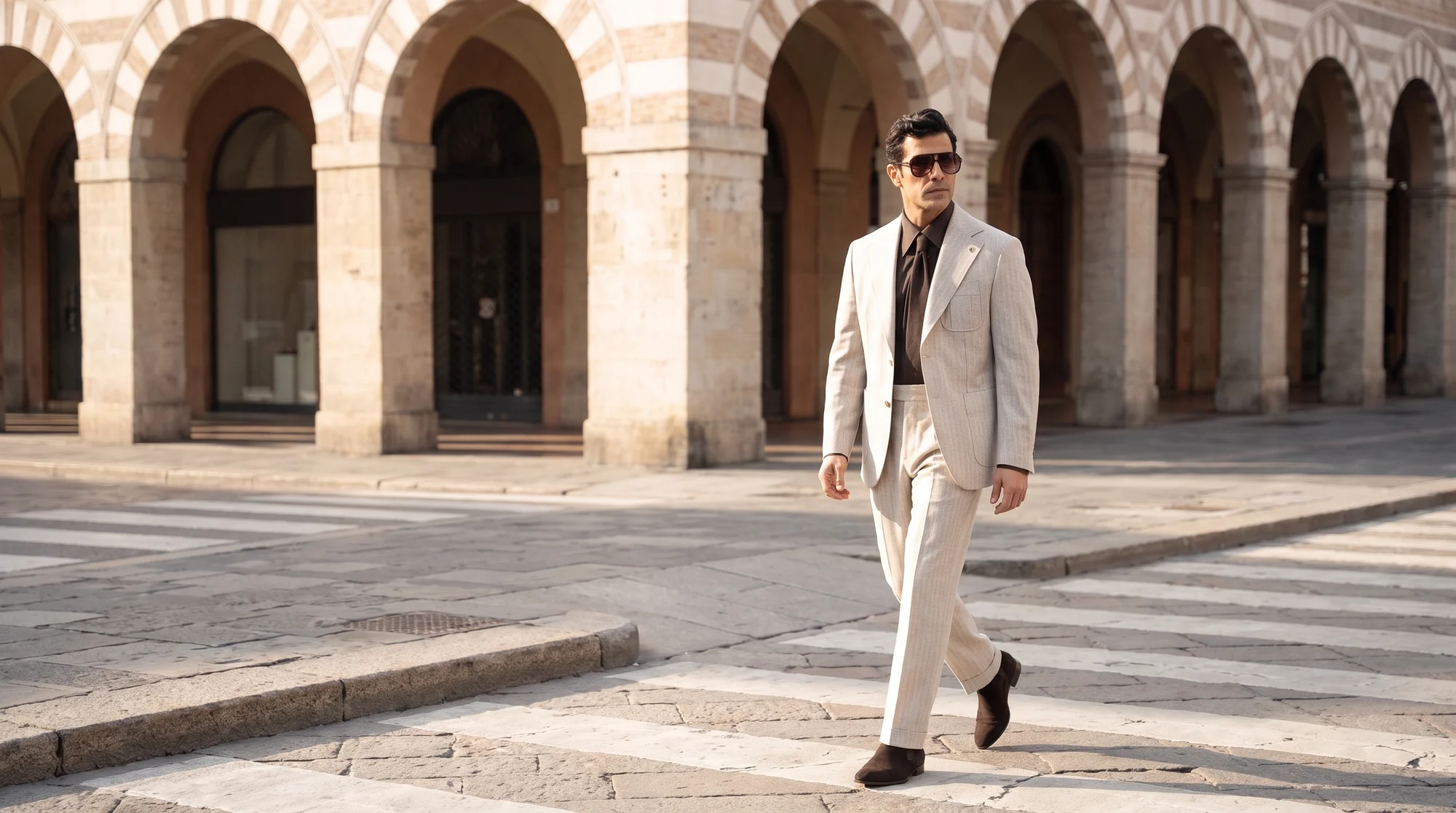 The same model walking across a pedestrian crossing in the beige and brown outfit.