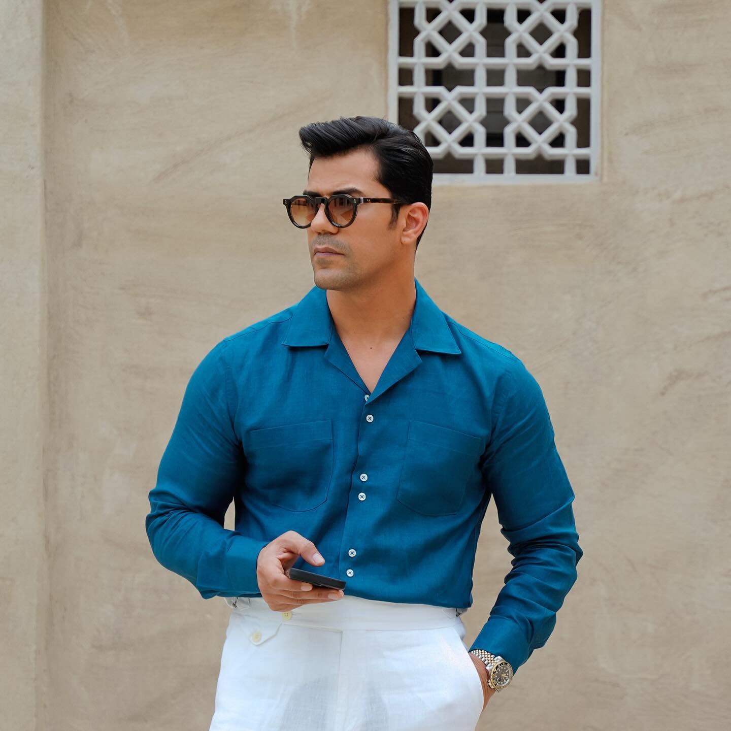 Teal long sleeve Shirt with White Trousers