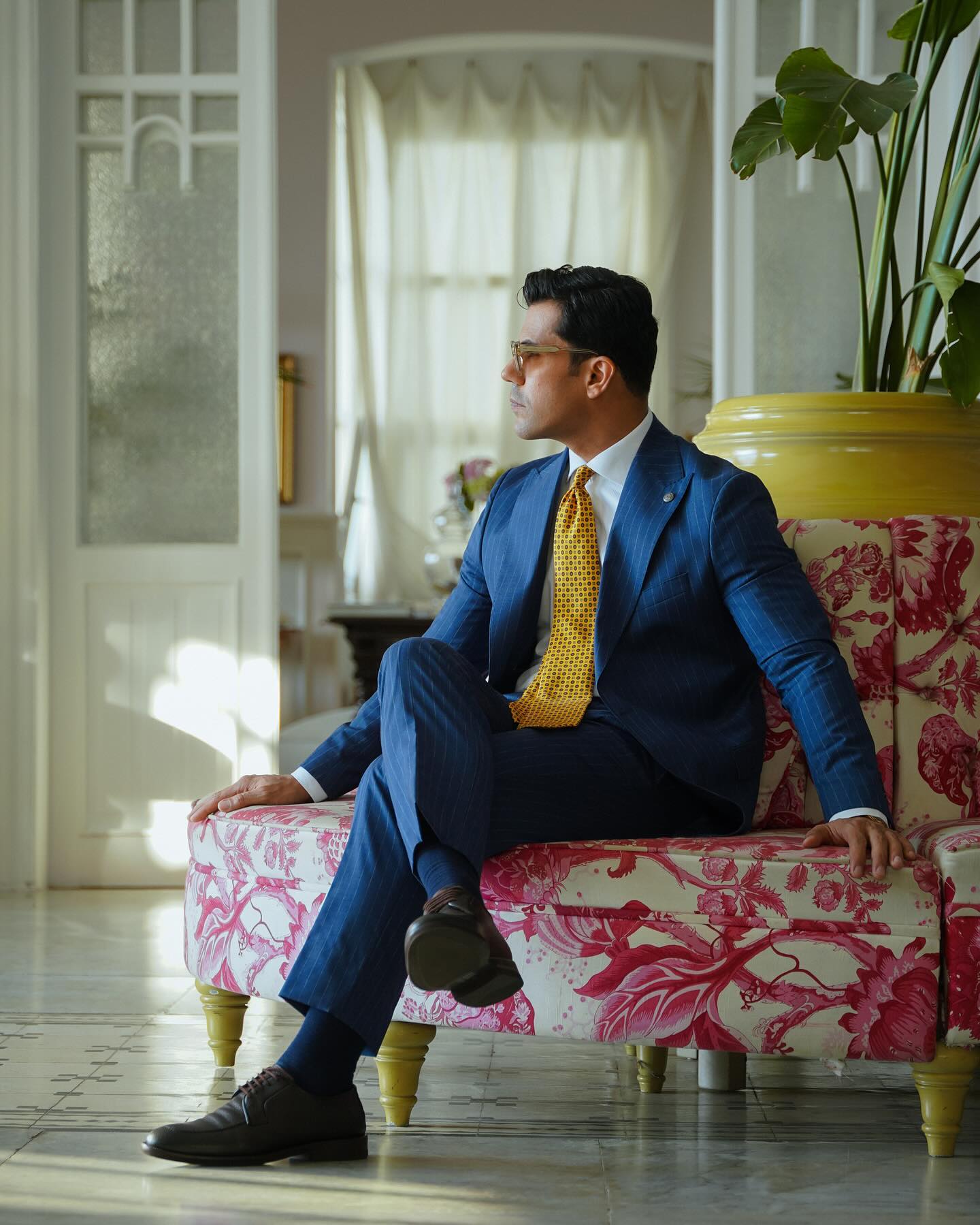 Royal Blue Tuxedo with White shirt and Golden Tie