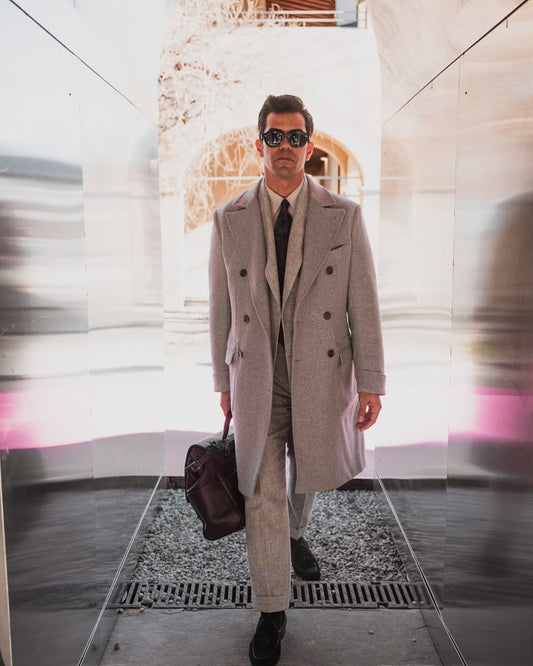 Modern Elegance: Light Gray Double-Breasted Overcoat & Suit Set